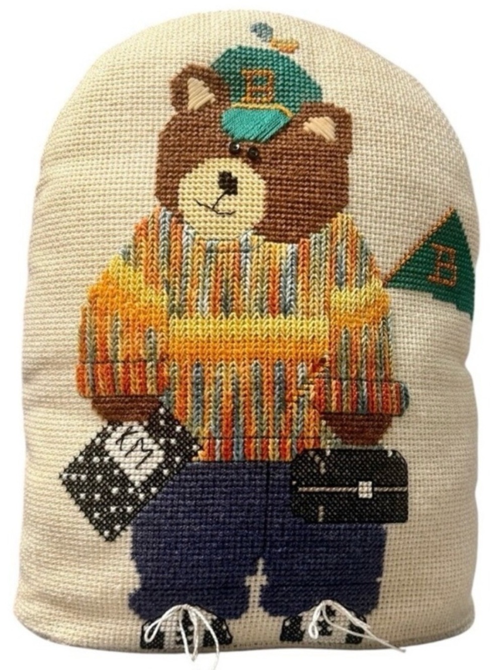 Vintage Needlepoint Bear Weighted Door Stop Embroidered Home Decor